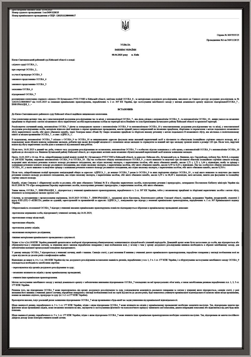 Обрання запобіжного заходу підозрюваній у межах справи за ч. 2 ст. 307 КК України
